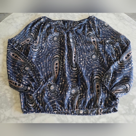 Lucky Brand Sheer Peasant Blouse‎ Long Sleeve Paisley Blue Pink Women's Size L - Picture 2 of 8